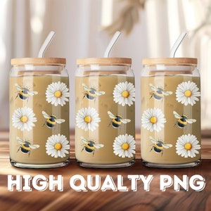 16oz Libbey Glass Can Honey Bee and Daisy Png Files Boho Png Libbey Can Wrap Libbey Can Daisy Bee Png Cute Summer Design Can Wrap