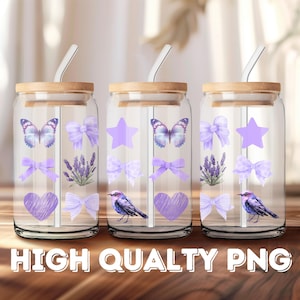 Purple Coquette Bow Flower Glass Can Design Watercolor Flower Wrap 16oz Libbey Glass Can Tumbler Sublimation Design Purple Bow Butterfly PNG