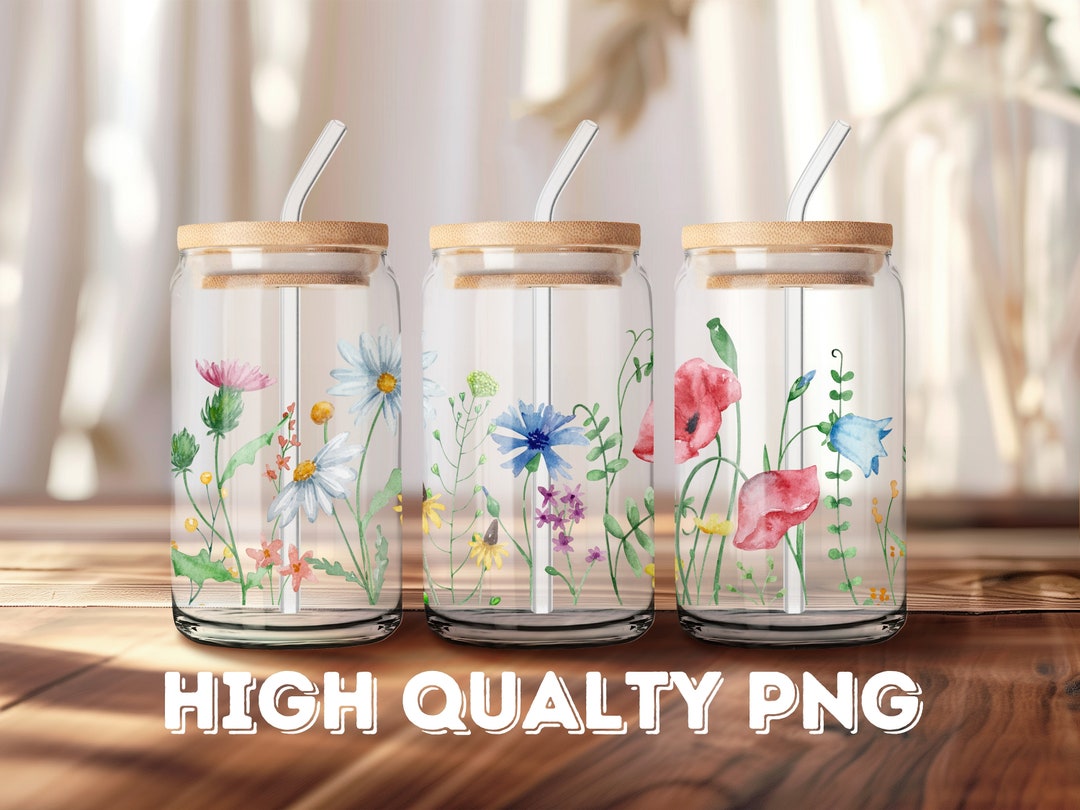 Boho Flowers 16oz Libbey Glass Can Sublimation Design Floral Glass Can ...