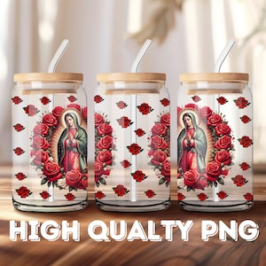 Boîte en verre Libbey Virgen De Guadalupe, 16 oz, boîte en verre numérique catholique, emballage PNG pour gobelet, emballage de tasse à la mode, PNG