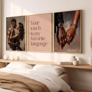 Sensueel zwart stel muurkunst set, Afro-Amerikaanse liefdesafdruk, romantisch paar slaapkamer decor, poster intimacy quote