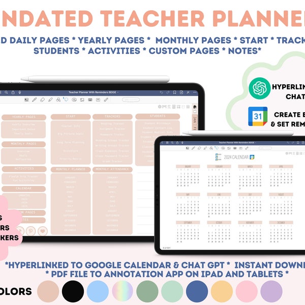 Planificateur numérique de l'enseignant Goodnotes Bloc-notes de l'enseignant Planification de leçon non datée Calendrier Google Suivi des notes