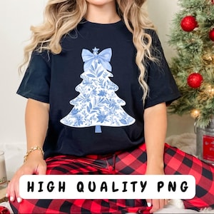 Chinoiserie Christmas Tree Png Cute Blue Bow Christmas Png Trendy Png Christmas Sublimation Design Christmas Blue White Floral Shirt Png