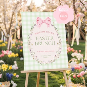 May include: A light green and white gingham Easter Brunch sign on an easel. The sign has a pink bow at the top and floral wreath around the text "Welcome to our Easter Brunch". The date is April 05, 2026.
