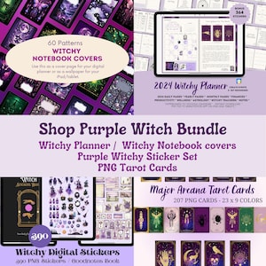 Witchy Digital Dated Planner, adesivos de cartas de tarô PNG, pacote de adesivos digitais Witchy para planejador Witchy, capas digitais do Moon and Mystic Journal