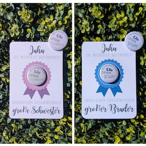Button Magnet mit Karte Befördert zur großen Schwester zum großen Bruder Magnet Geschenk für Geschwisterkinder zur Geburt Babyparty