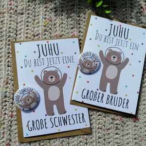 Geschenk Set Grußkarte und Button oder Magnet große Schwester großer Bruder Geschwister als Mitbringsel zur Babyparty zur Geburt