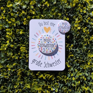 Button Magnet Punkte Große Schwester mit Karte, für Geschwister zur Geburt zur Babyparty, Geschwisterliebe, Mitbringsel für Geschwister