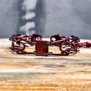Puede incluir: Un collar de púas de metal rojo con el texto "STRENGE" impreso en la hebilla. El collar está sobre una superficie de madera.
