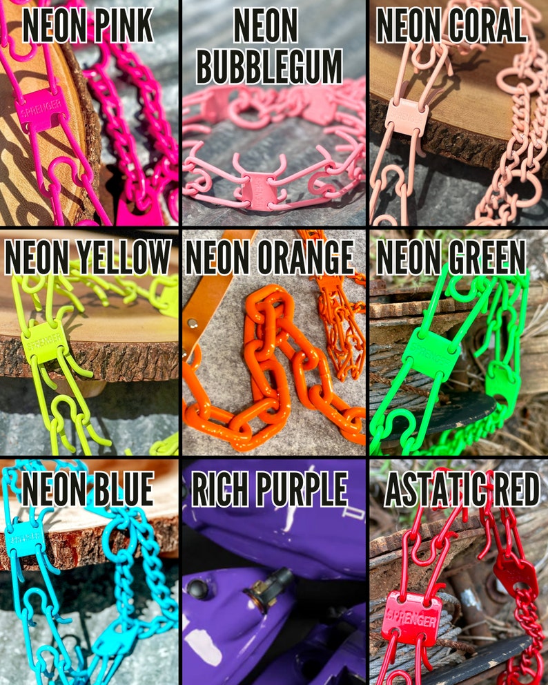 Op de afbeelding: Een set van negen kleurrijke kettingen in verschillende neonkleuren, waaronder roze, bubblegum, koraal, geel, oranje, groen, blauw, paars en rood. De kettingen zijn gemaakt van metaal en hebben een uniek ontwerp. De kettingen zijn gelabeld met de kleurnaam en het woord "SPRENGER".
