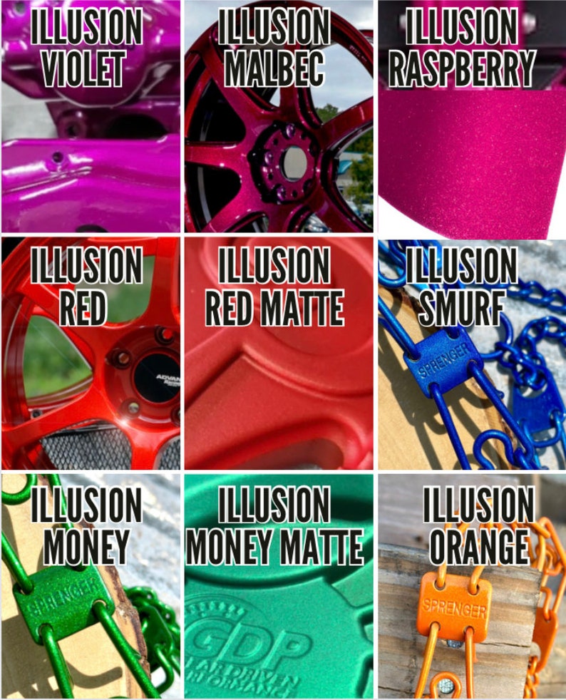 Op de afbeelding: Negen verschillende kleuren verf getoond op verschillende oppervlakken, waaronder een autowiel, een metalen ketting en een vlak oppervlak. De kleuren zijn violet, malbec, framboos, rood, rood mat, smurf, geld, geld mat en oranje.