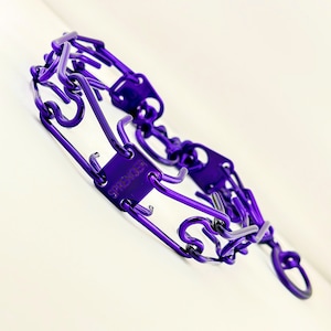 Puede incluir: Collar de entrenamiento para perros de metal morado con la palabra "SPRENGER" grabada en el metal.