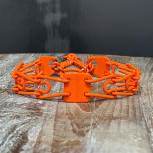 Puede incluir: Collar de entrenamiento para perros de metal naranja con la palabra "SCREENGER" impresa en la hebilla.