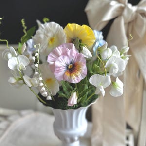Pansy Flower Arrangement – Cold Porcelain Botanical Sculpture, White Vase, Handmade Floral Decor