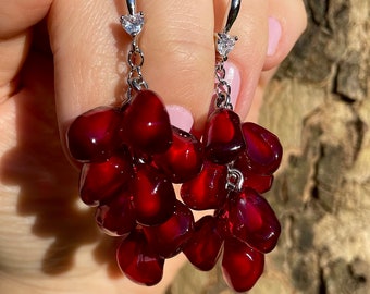 Red earrings, juicy, wine-colored with pomegranate seeds,Garnet earrings, effective earrings,