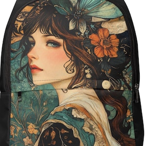 Gothic Fabric Backpack, Beautiful Water Nymph with Moon, Black Blue Gold Fairy Decor, Artistic Anime Bag, Ren Faire Bookbag
