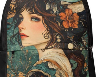 Gothic Fabric Backpack, Beautiful Water Nymph with Moon, Black Blue Gold Fairy Decor, Artistic Anime Bag, Ren Faire Bookbag