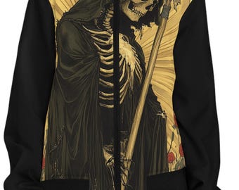 Life and Death Art Nouveau, Anime, Skeleton Women's Bomber Jacket, Goth Alt Fashion, City Wear, Artistic Street Clothes, Alternative Fashion