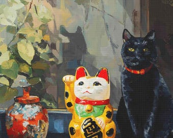 Black Cat Lucky Cat Canvas Print, Japanese Art Lover Decor, Maneki Neko, Vintage Wall Art, Japanese Art Gift