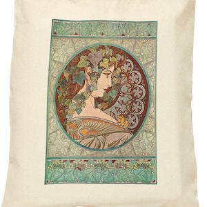 Alphonse Mucha Ivy Cotton Canvas Tote Bag, Grocery Bag, All Natural Tote Bag, Reusable Bag Art Deco Grocery Bags, Stylish Grocery Tote