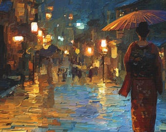 Canvas Wall Art, Geisha Walking in Rainy Night Japan Impressionist Style, Stretched Matte Print, Japanese Decor, Glowing City Lights