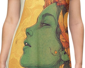 Gaia Goddess T-Shirt Dress, Floral Art Boho Chic Outfit, Hippie Clothes, Shabby Chic, Vintage, Boho Style, Retro Style, Artistic Wear