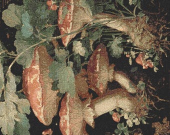 Art Nouveau Style Vintage Botanical Still Life Woven Blanket | Mushrooms and Leaves Tapestry Throw