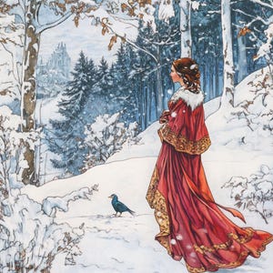 Art Nouveau Christmas Decor, Festive Holiday Home Decor, Girl Walking through Snow, Stylish Fancy Decor, Multi-Size Stretched Canvas