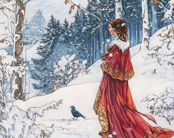 Art Nouveau Christmas Decor, Festive Holiday Home Decor, Girl Walking through Snow, Stylish Fancy Decor, Multi-Size Stretched Canvas
