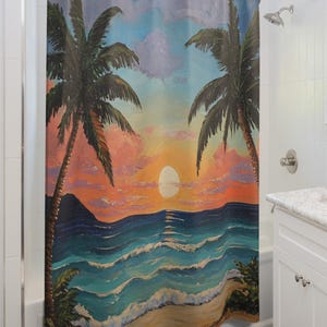Tropical Sunset Shower Curtain, Beach Vibes Bathroom Decor, Palm Tree Home Accessories, Summer Themed Shower Curtain, Coastal Living Decor
