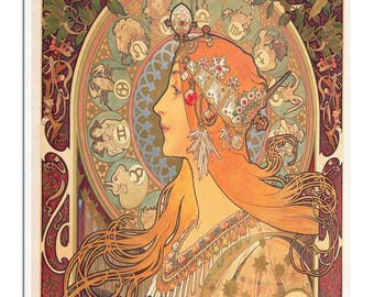 Alphonse Mucha The Zodiac (1896) Art Nouveau Canvas Print: Elegant Vintage Bohemian, Shabby Chic, Cottagecore, Famous Print