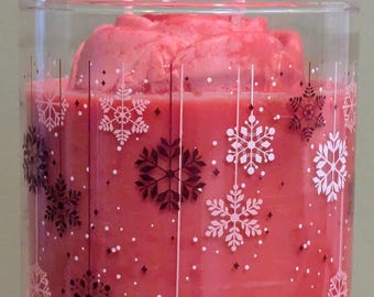 Snowflakes and Roses Cinnamon Whiskey Candle, 16oz 2 Wick Candle, Unique Glass Jar with Snowflakes, Red Candle, Red Rose Candle