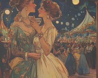 Art Nouveau Vintage Carnival Matte Canvas, Stretched, 0.75" || Lesbian Decor, LGBTQ+ Engagement Gift, Wedding Gift, Anniversary Gift