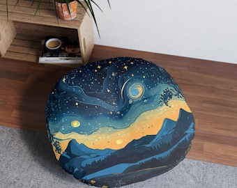Cosmic Night Sky Tufted Floor Pillow, Round Pillow for Meditation, Boho Decor, Living Room Cushion, Stargazing Theme