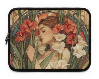 Elegant Floral Laptop Sleeve: Vintage Illustration, Neoprene Tech Cover