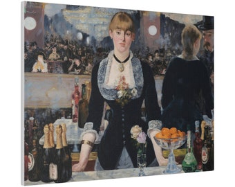 May include: A painting of a woman in a black dress standing behind a bar. She is holding a glass of wine and there are bottles of alcohol on the counter. The woman is wearing a white lace collar and a pearl necklace. There are other people in the background, but they are blurred.