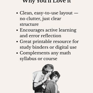Puede incluir: Imagen con texto: "Por qu&eacute; te encantar&aacute;". Vi&ntilde;etas que describen las caracter&iacute;sticas del producto: dise&ntilde;o limpio, fomenta el aprendizaje activo, recurso imprimible y complementa los cursos de matem&aacute;ticas. Una imagen vintage de dos mujeres est&aacute; en la parte inferior.