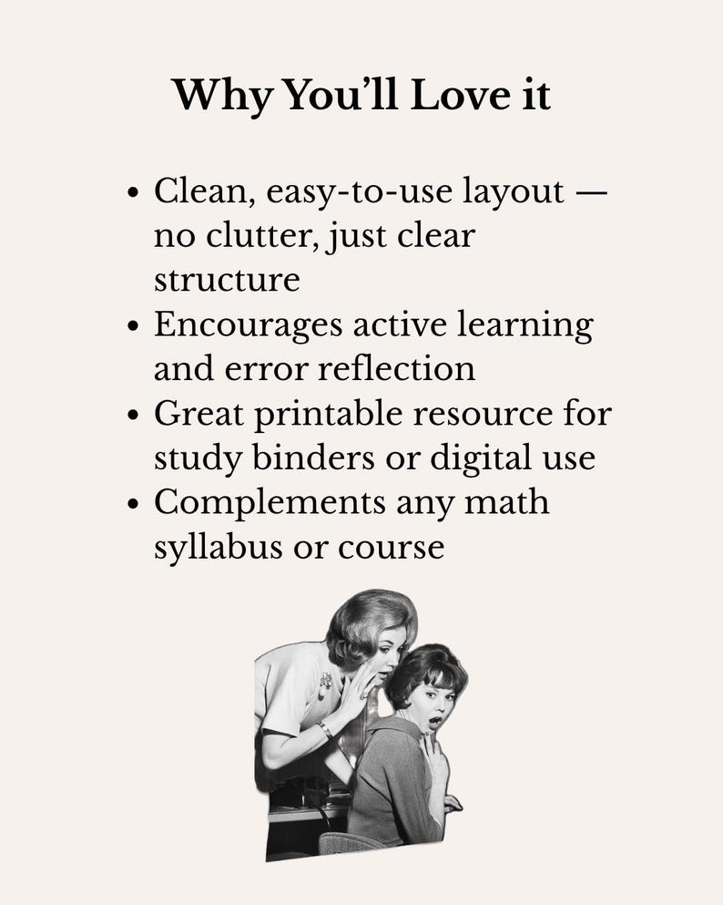 Puede incluir: Imagen con texto: "Por qu&eacute; te encantar&aacute;". Vi&ntilde;etas que describen las caracter&iacute;sticas del producto: dise&ntilde;o limpio, fomenta el aprendizaje activo, recurso imprimible y complementa los cursos de matem&aacute;ticas. Una imagen vintage de dos mujeres est&aacute; en la parte inferior.
