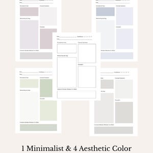 Puede incluir: Cinco plantillas para notas y planificaci&oacute;n con variaciones de color minimalistas y est&eacute;ticas. Las plantillas presentan colores pastel, incluyendo lavanda, azul y verde. El texto en la parte inferior dice: "1 Minimalist & 4 Aesthetic Color Variation to Motivate You."