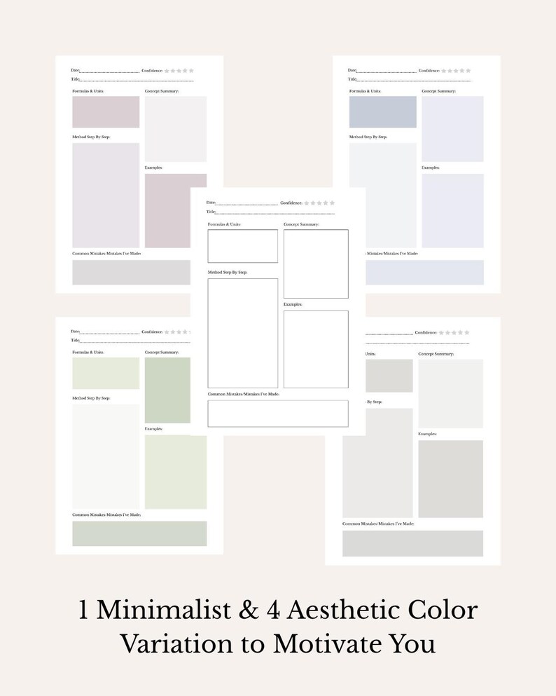 Puede incluir: Cinco plantillas para notas y planificaci&oacute;n con variaciones de color minimalistas y est&eacute;ticas. Las plantillas presentan colores pastel, incluyendo lavanda, azul y verde. El texto en la parte inferior dice: "1 Minimalist & 4 Aesthetic Color Variation to Motivate You."