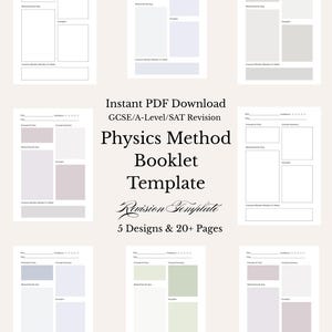 Può includere: Un modello di libretto di metodo di fisica disponibile per il download digitale. L'immagine mostra sette diversi layout su sfondo crema. Il testo recita: "Instant PDF Download GCSE/A-Level/SAT Revision Physics Method Booklet Template 5 Designs & 20+ Pages."