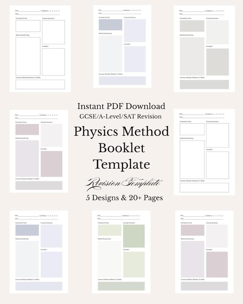 Puede incluir: Una plantilla de folleto de m&eacute;todos de f&iacute;sica disponible para descarga digital. La imagen muestra siete dise&ntilde;os diferentes sobre un fondo crema. El texto dice: "Instant PDF Download GCSE/A-Level/SAT Revision Physics Method Booklet Template 5 Designs & 20+ Pages."