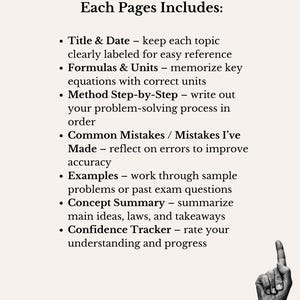Puede incluir: Una p&aacute;gina blanca con texto negro que enumera las caracter&iacute;sticas de una gu&iacute;a de estudio. El texto incluye "T&iacute;tulo y Fecha", "F&oacute;rmulas y Unidades", "M&eacute;todo paso a paso", "Errores comunes", "Ejemplos", "Resumen del concepto" y "Seguimiento de la confianza". Una mano con el dedo &iacute;ndice apuntando hacia arriba es visible.