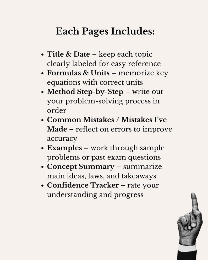 Puede incluir: Una p&aacute;gina blanca con texto negro que enumera las caracter&iacute;sticas de una gu&iacute;a de estudio. El texto incluye "T&iacute;tulo y Fecha", "F&oacute;rmulas y Unidades", "M&eacute;todo paso a paso", "Errores comunes", "Ejemplos", "Resumen del concepto" y "Seguimiento de la confianza". Una mano con el dedo &iacute;ndice apuntando hacia arriba es visible.