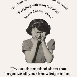 Puede incluir: Imagen de estilo vintage de una mujer angustiada sosteniendo su cabeza. El texto superior dice: "&iquest;No sabes por d&oacute;nde empezar tu viaje de revisi&oacute;n? &iquest;Luchando con las f&oacute;rmulas matem&aacute;ticas? &iquest;Estresado por los ex&aacute;menes?" Abajo, el texto dice: "&iexcl;Prueba la hoja de m&eacute;todos que organiza todo tu conocimiento en un solo lugar!"