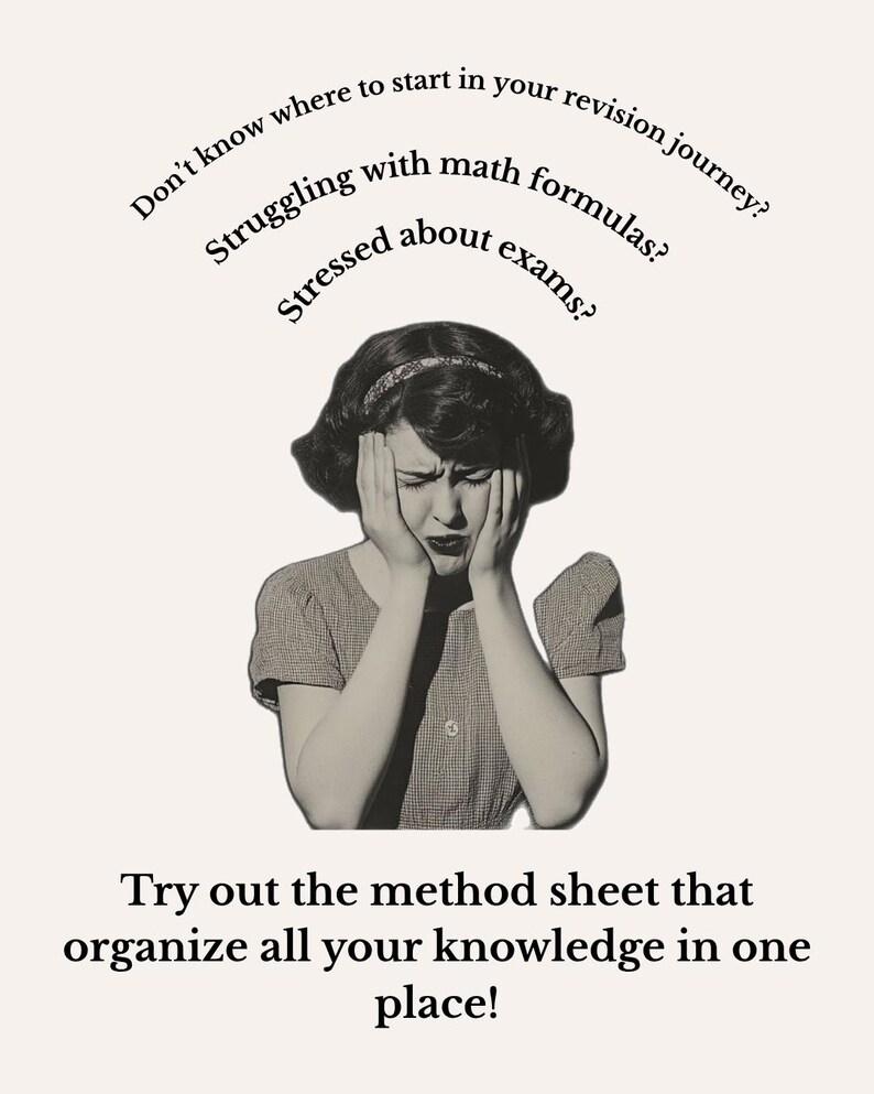 Puede incluir: Imagen de estilo vintage de una mujer angustiada sosteniendo su cabeza. El texto superior dice: "&iquest;No sabes por d&oacute;nde empezar tu viaje de revisi&oacute;n? &iquest;Luchando con las f&oacute;rmulas matem&aacute;ticas? &iquest;Estresado por los ex&aacute;menes?" Abajo, el texto dice: "&iexcl;Prueba la hoja de m&eacute;todos que organiza todo tu conocimiento en un solo lugar!"