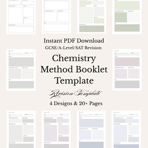 Peut inclure: Plusieurs modèles de livrets de méthode de chimie imprimables. Ces modèles sont conçus pour la révision des GCSE, A-Level et SAT. Le texte sur l'image indique "Instant PDF Download, Chemistry Method Booklet Template, 4 Designs & 20+ Pages."