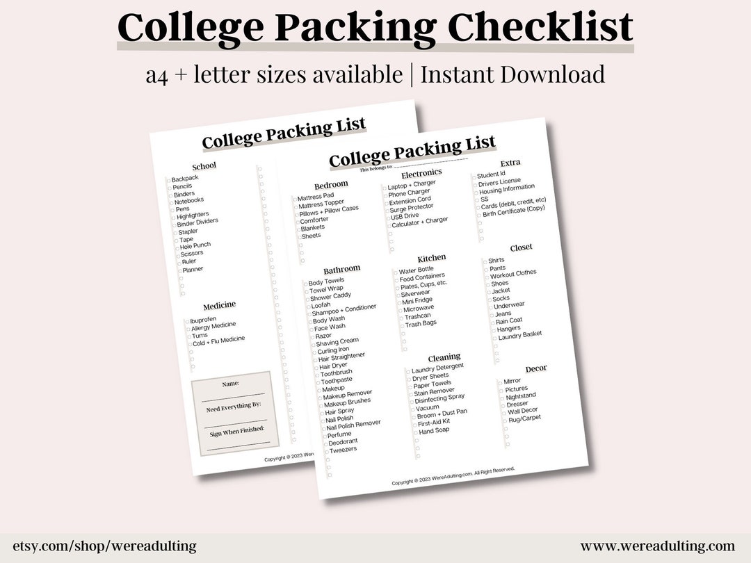Printable College Packing List Dorm Packing Organizer DIY Campus ...