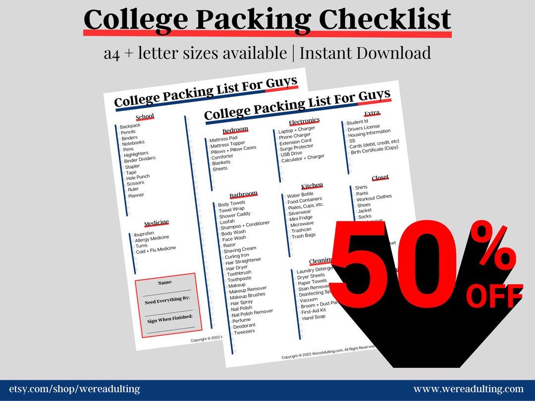 Printable College Packing List for Guys Dorm Packing Organizer DIY