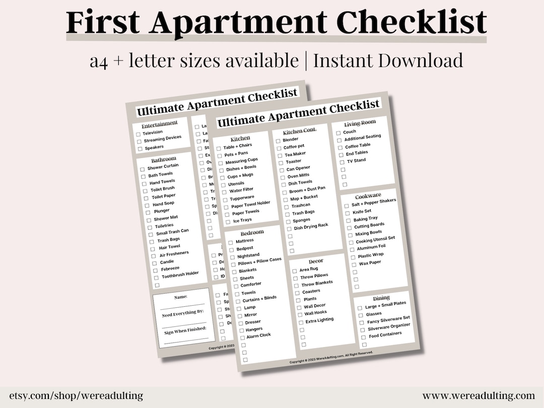 First Apartment Checklist Printable College Apartment - Etsy